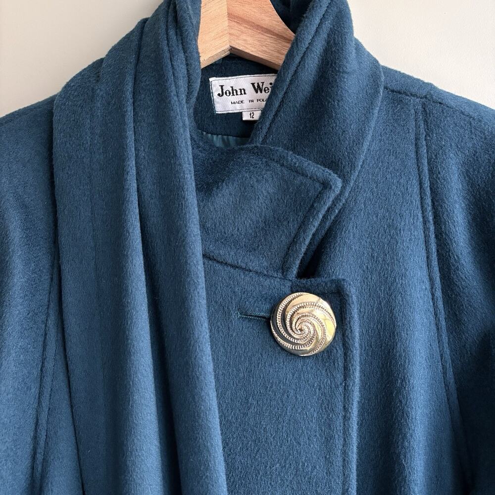 Vintage John Weitz Wool Overcoat Teal Gold Button Draped Scarf Collar Poland 12 - Picture 5 of 16